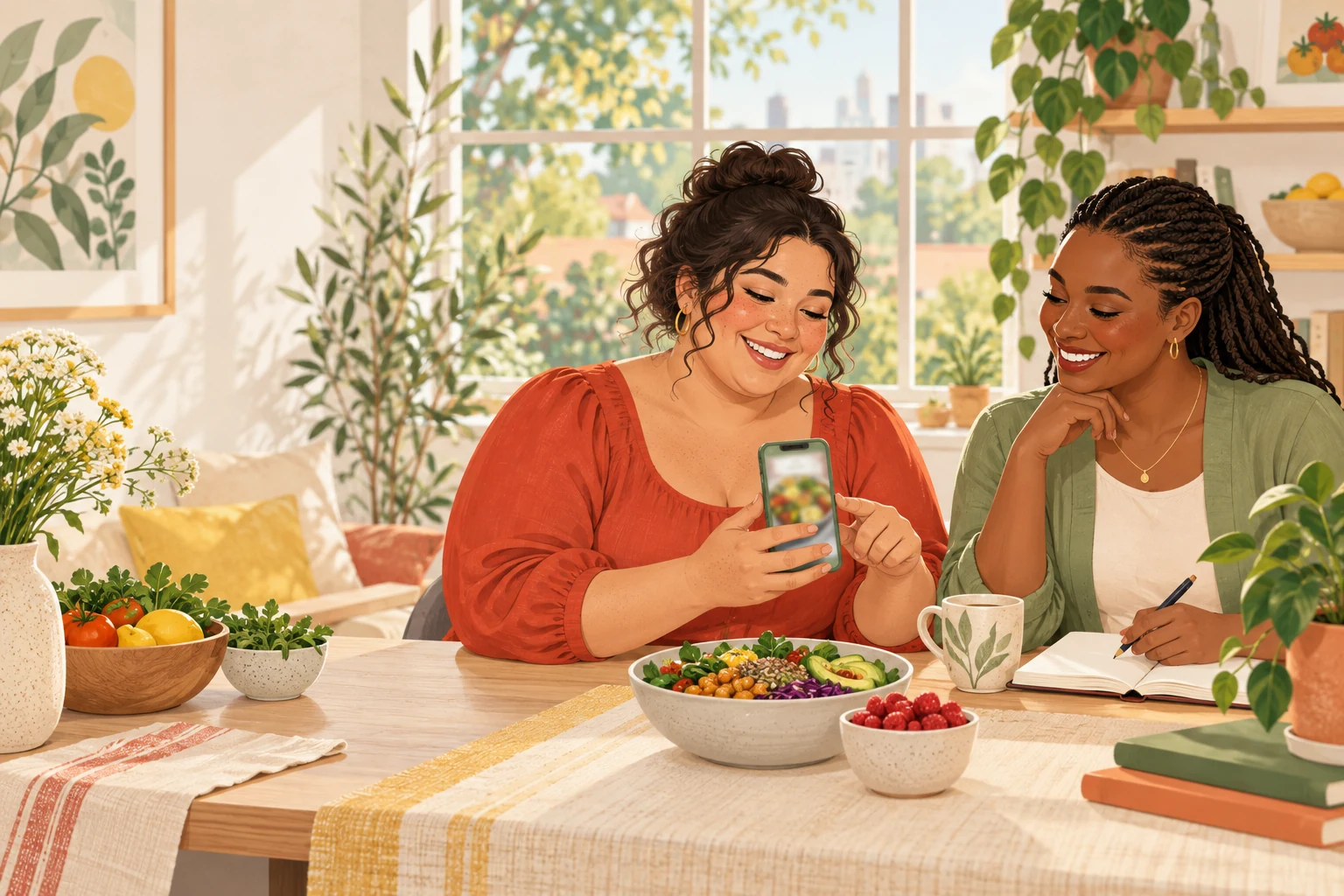 Illustration of a practitioner and client side by side at a bright desk, looking at a meal photo on a phone