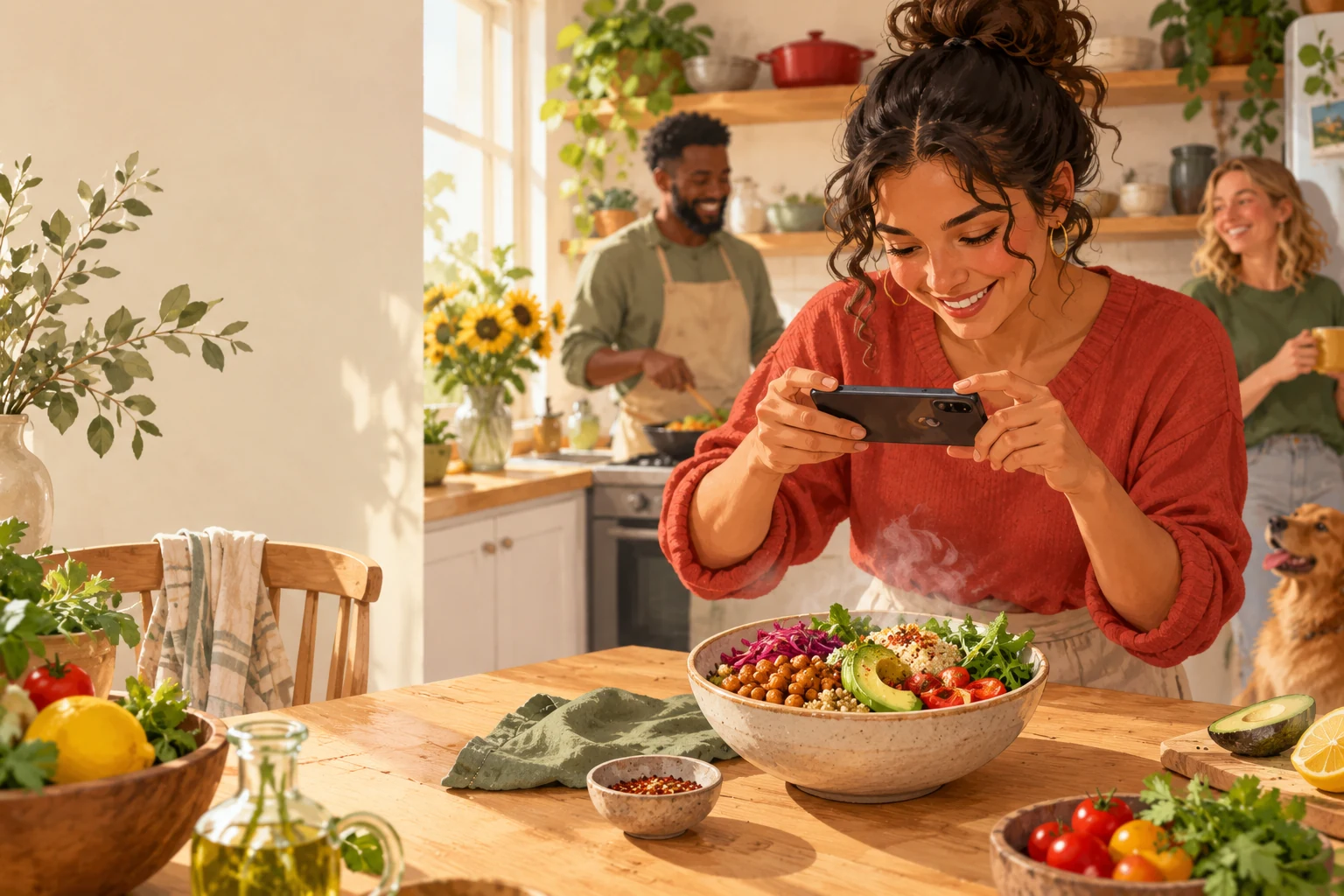 Illustration of a person photographing a colourful lunch bowl in a sunny kitchen
