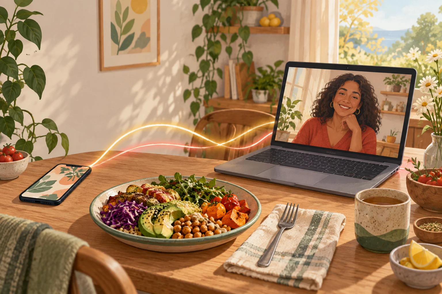 Illustration of a phone beside a colourful plate, linked by glowing ribbons to a laptop showing a practitioner