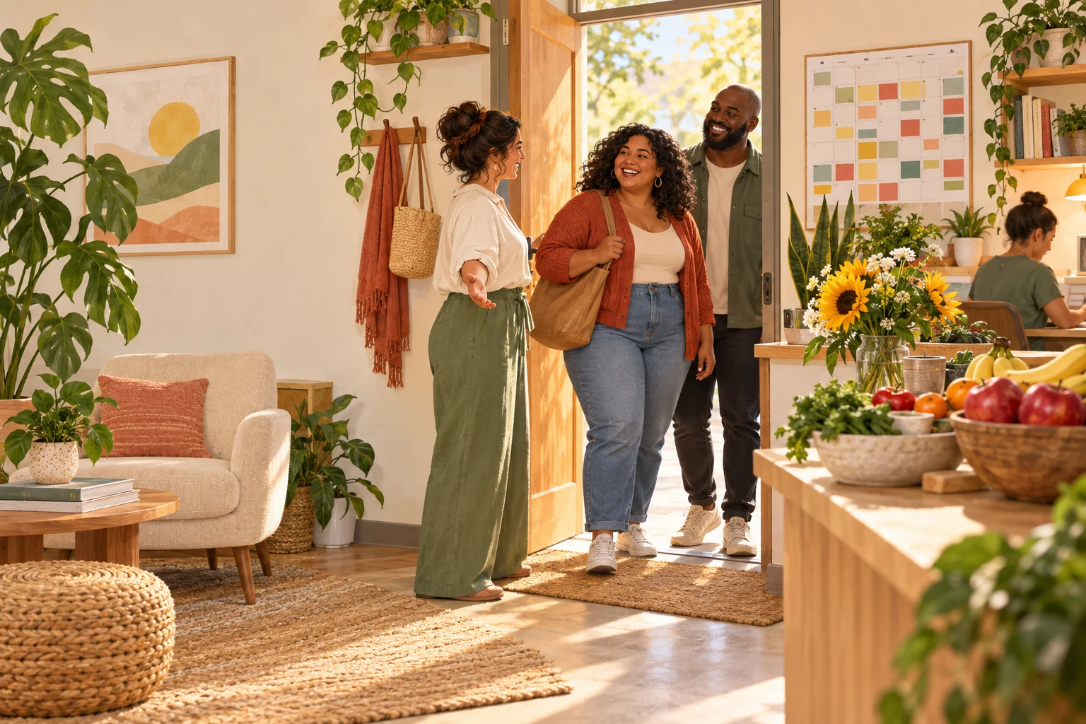 Illustration of a practitioner welcoming two new adult clients into a bright wellness practice
