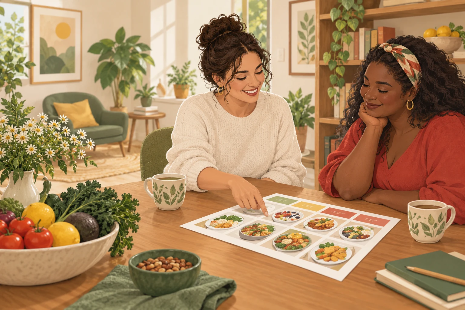 Illustration of a dietitian and an adult client reviewing a printed weekly meal plan at a table
