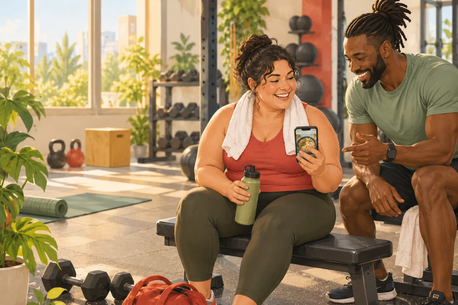 Illustration of a trainer and an adult client chatting between sets in a bright gym