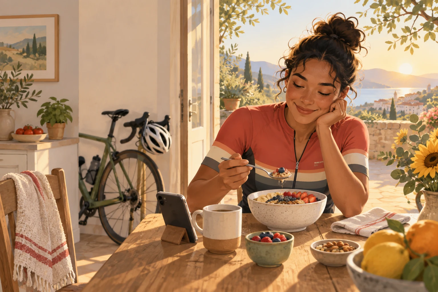 Illustration of a cyclist eating breakfast at a sunny table at dawn, bike by the door