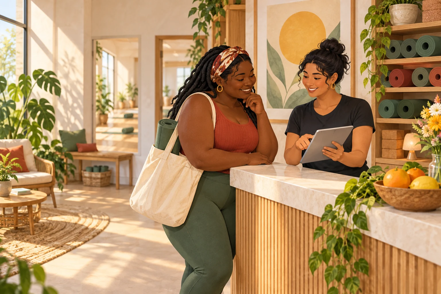 Illustration of a studio team member and a member talking at a bright reception desk