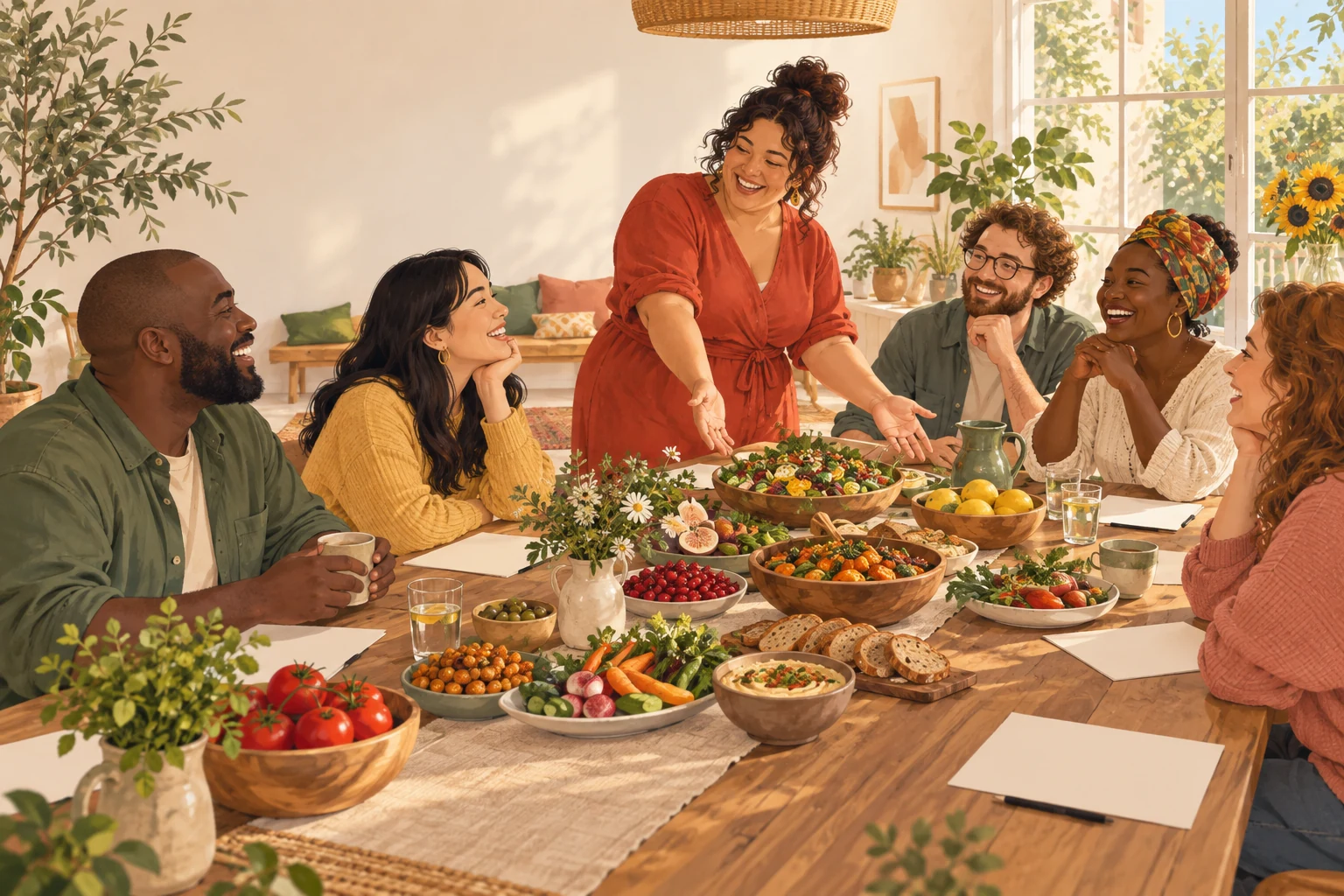 Illustration of a facilitator and a small group sharing a meal around a long table