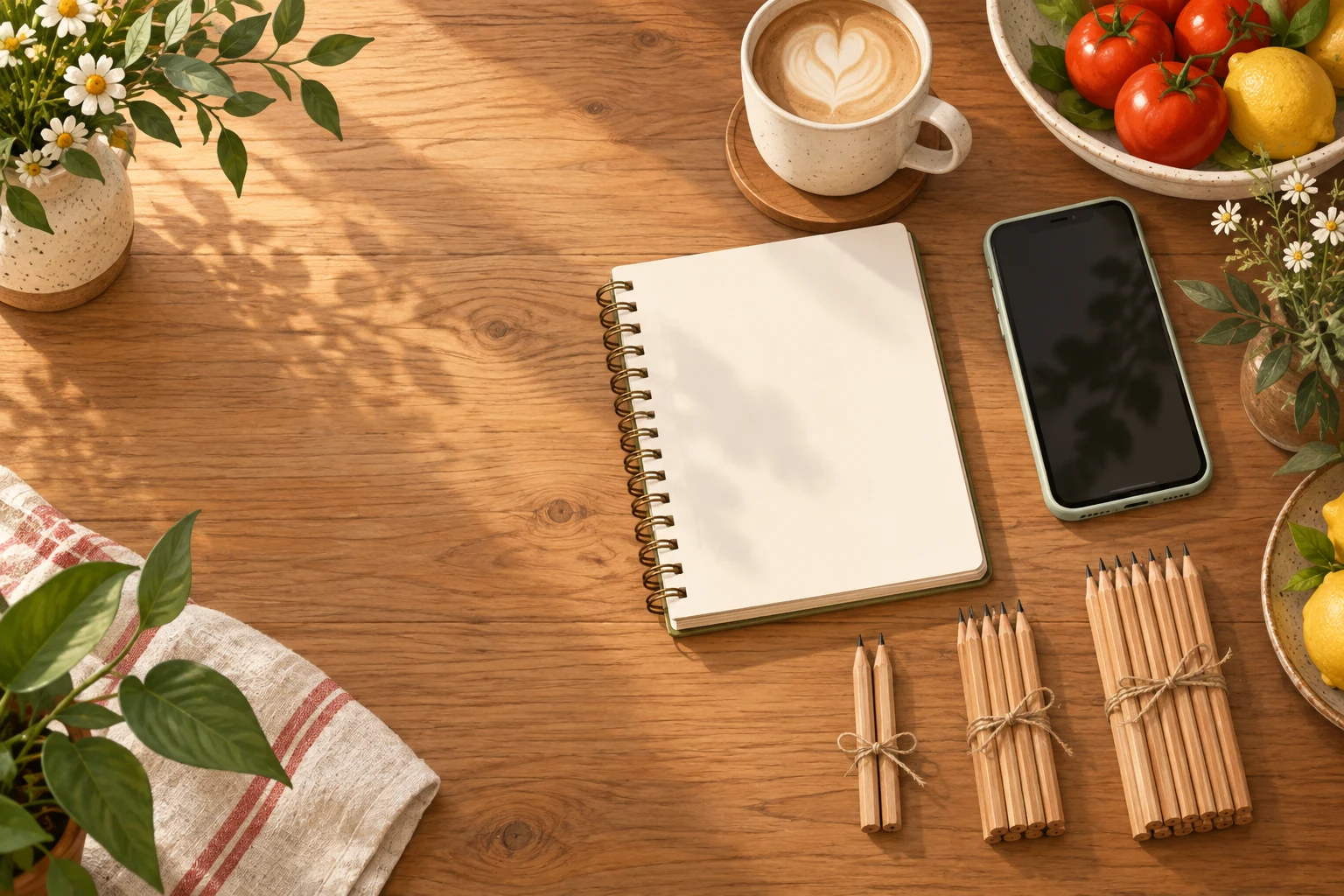 Illustration of a desk with a notebook, phone, coffee and three small bundles of different sizes