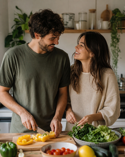 A couple cooking together in a bright kitchen