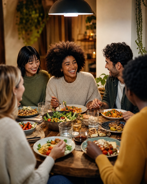 Friends eating together around a warm dinner table