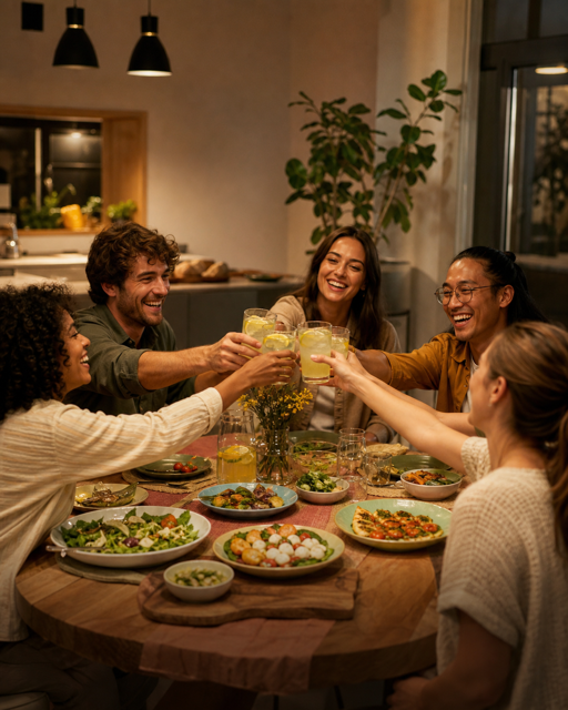 Friends celebrating together around a shared meal